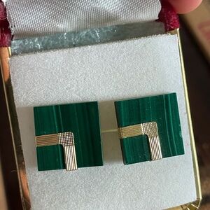 Vintage Peter Brams 14K Solid Gold   Malachite Earrings 80s Art Deco !14k backs